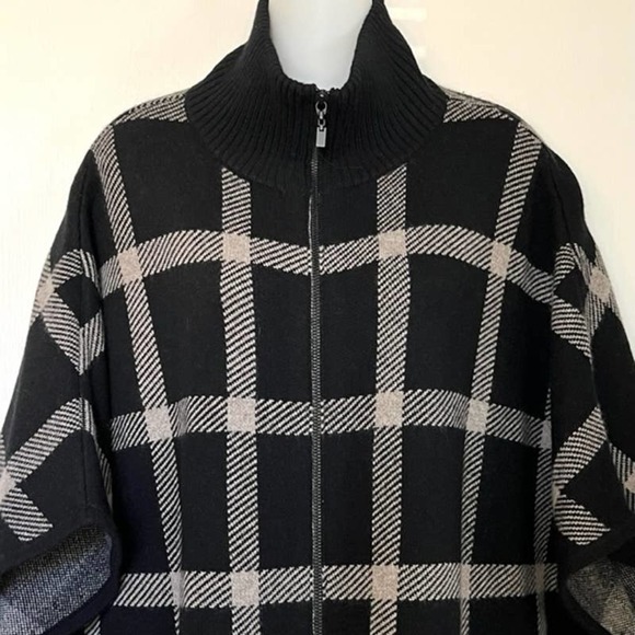 KINROSS LUXE 100% CASHMERE BLACK & SUEDE PLAID ZIP MOCK PONCHO OS ONE SIZE - Picture 4 of 14